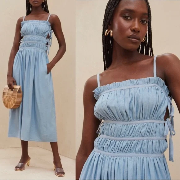 CULT GAIA Lola Smocked Linen Midi Dress Blue Steel NWT - Picture 1 of 13